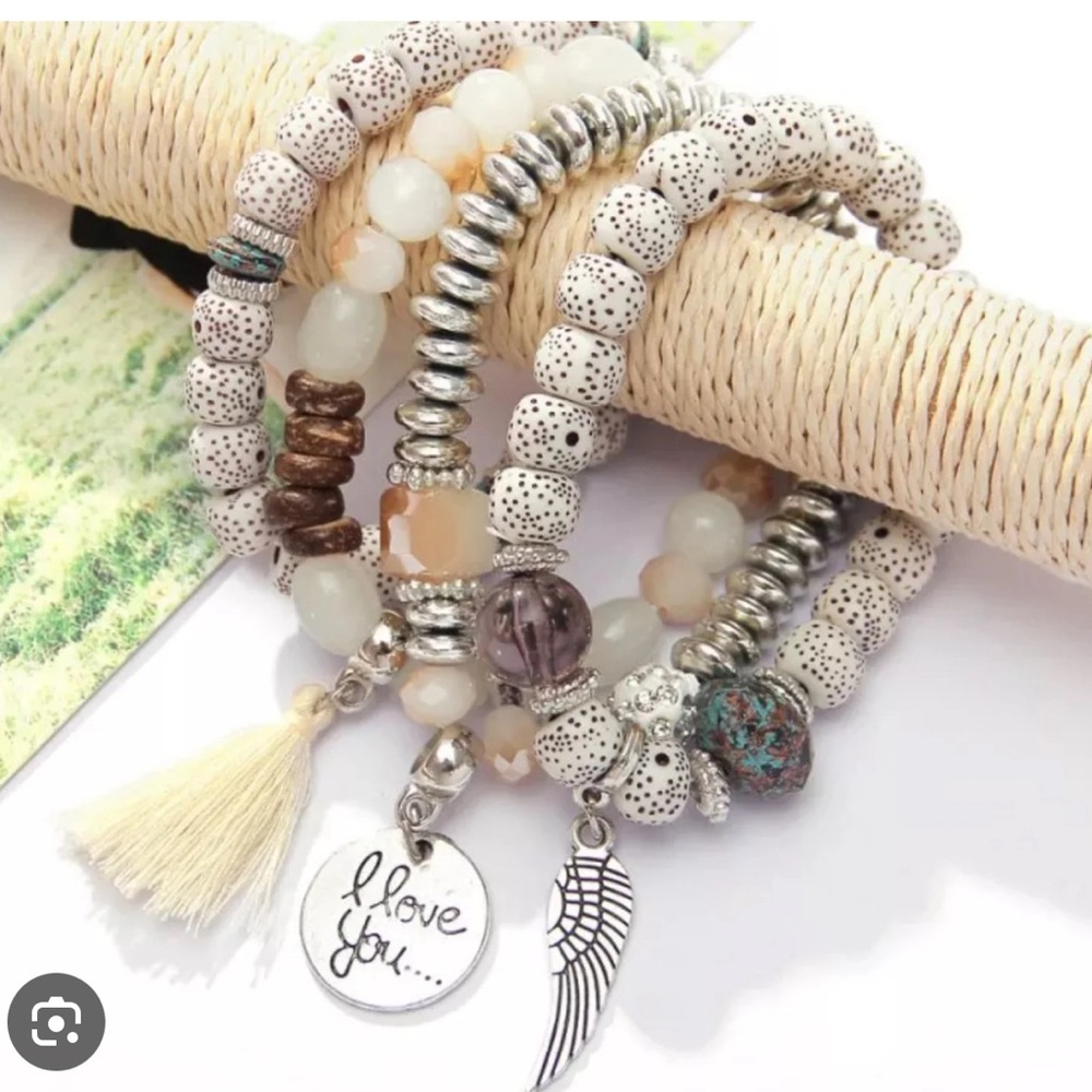Beige Tone 4 Piece Boho Multi Layer Natural Stone Bracelet Tassel Bracelet